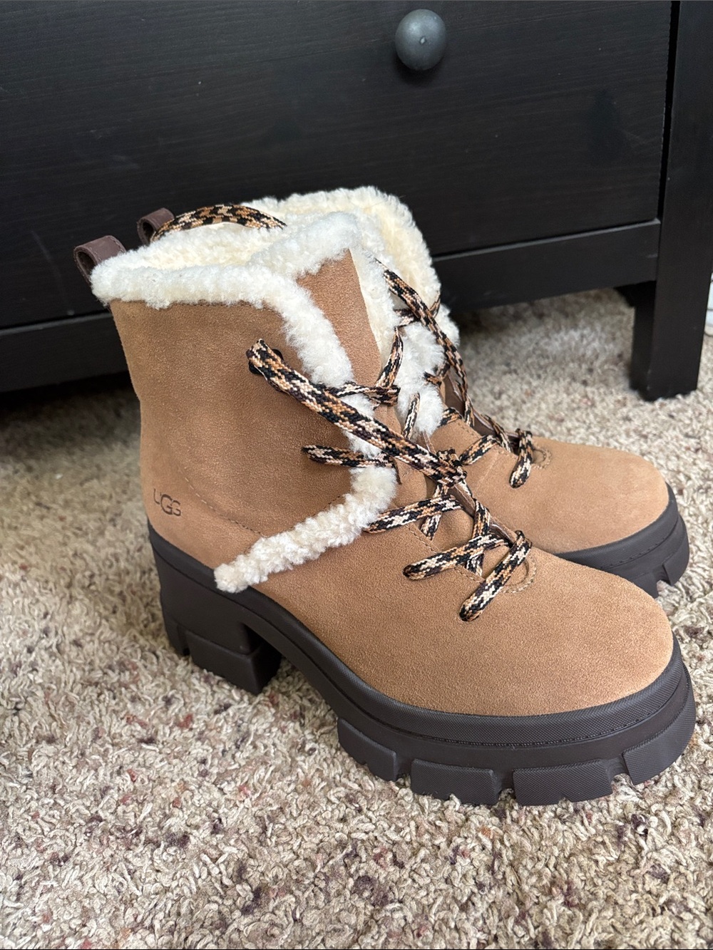 UGG Tan Suede Shearling-Trim Lug Heel Boots